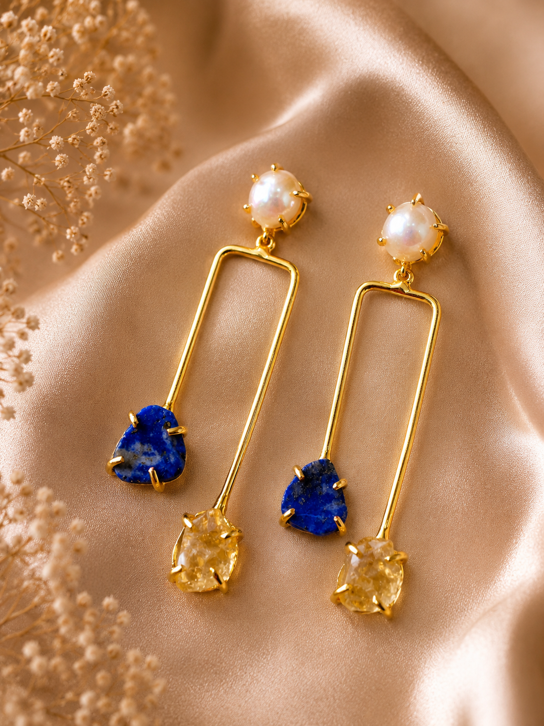 Golden Horizon earrings featuring freshwater pearls with Citrine and Lapis Lazuli freeform crystal drops in 18K gold plated brass by House of AAKAASHI