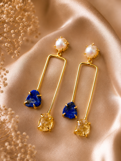 Golden Horizon earrings featuring freshwater pearls with Citrine and Lapis Lazuli freeform crystal drops in 18K gold plated brass by House of AAKAASHI