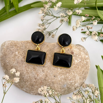 Nocturne Black Tourmaline earrings featuring round and rectangular polished black gemstones in 18K gold plated brass by House of AAKAASHI
