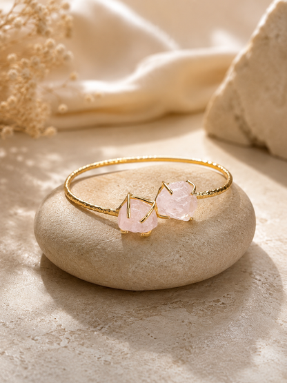 Blush Rose Quartz Raw Stone Cuff Bracelet | 18K Gold Plated Adjustable Bracelet for Women House of AAKAASHI
