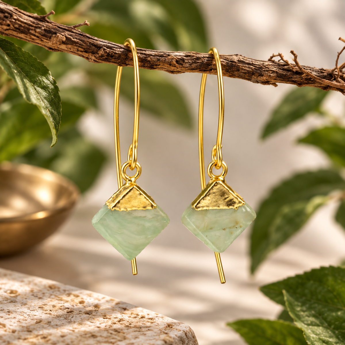 Vasudha Green Aventurine thread earrings with polished geometric gemstones and triangular 18K gold-plated brass detailing by House of AAKAASHI