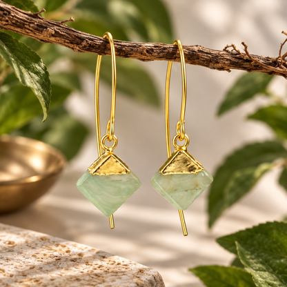 Vasudha Green Aventurine thread earrings with polished geometric gemstones and triangular 18K gold-plated brass detailing by House of AAKAASHI