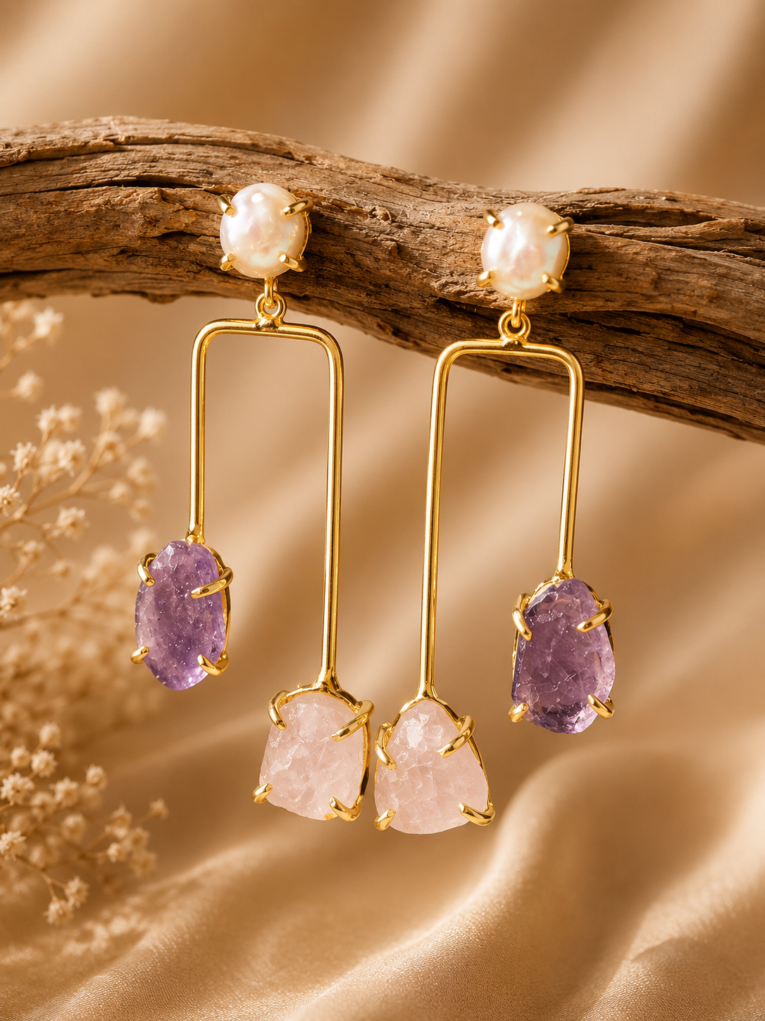 Blush Harmony earrings featuring freshwater pearls with Rose Quartz and Amethyst freeform crystal drops in 18K gold plated brass by House of AAKAASHI