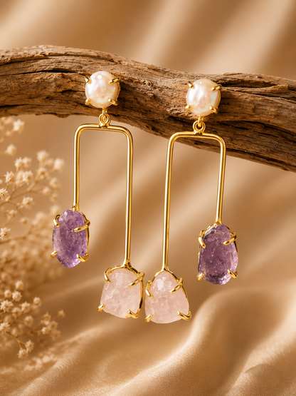 Blush Harmony earrings featuring freshwater pearls with Rose Quartz and Amethyst freeform crystal drops in 18K gold plated brass by House of AAKAASHI