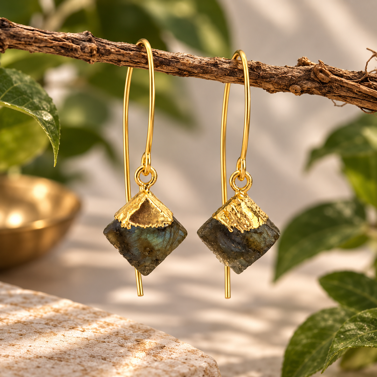 Taarika raw Labradorite thread earrings with natural freeform crystals and blue-green flashes in 18K gold-plated brass by House of AAKAASHI