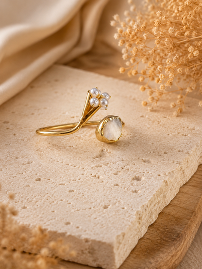 Moonlit Bloom Pearl & Rainbow Moonstone Open Cuff Bracelet | 18K Gold Plated Adjustable Bracelet for Women - House of AAKAASHI