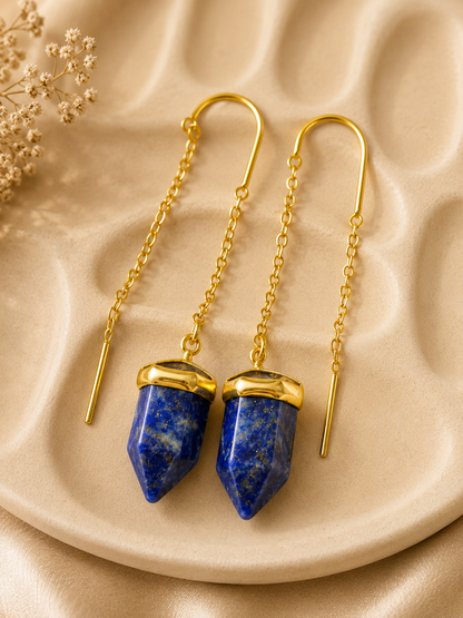 Royal Lapis Lazuli Sui Dhaga Earrings | 18K Gold Plated Threader Earrings for Women - House of AAKAASHI