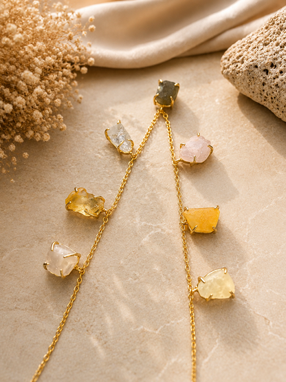 Aurora Prism handcrafted necklace collection featuring Rose Quartz, Citrine, Rainbow Moonstone, Yellow Jasper, Labradorite, and Clear Quartz in 18K gold plated brass settings by House of AAKAASHI