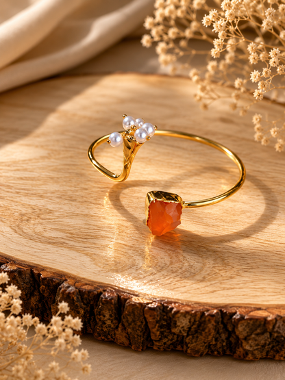 Solar Bloom Pearl & Carnelian Open Cuff Bracelet | 18K Gold Plated Adjustable Bracelet for Women - House of AAKAASHI