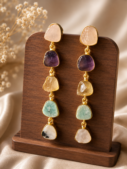 Aurora Cascade Multi Crystal Earrings | Rose Quartz, Amethyst, Citrine, Amazonite & Rainbow Moonstone Earrings for Women - House of AAKAASHI