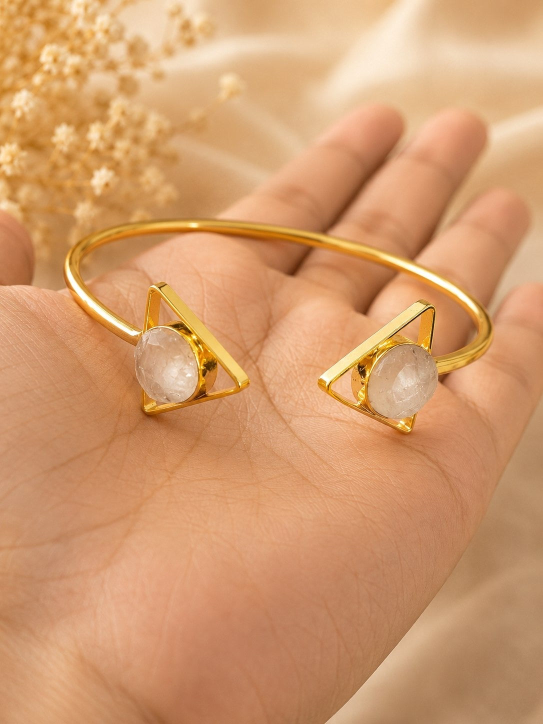Celestial Milky Quartz Geometric Cuff Bracelet | Adjustable 18K Gold Plated Bracelet for Women