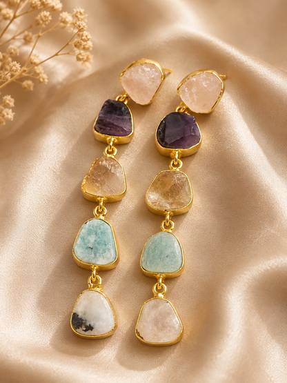 Aurora Cascade Multi Crystal Earrings | Rose Quartz, Amethyst, Citrine, Amazonite & Rainbow Moonstone Earrings for Women - House of AAKAASHI
