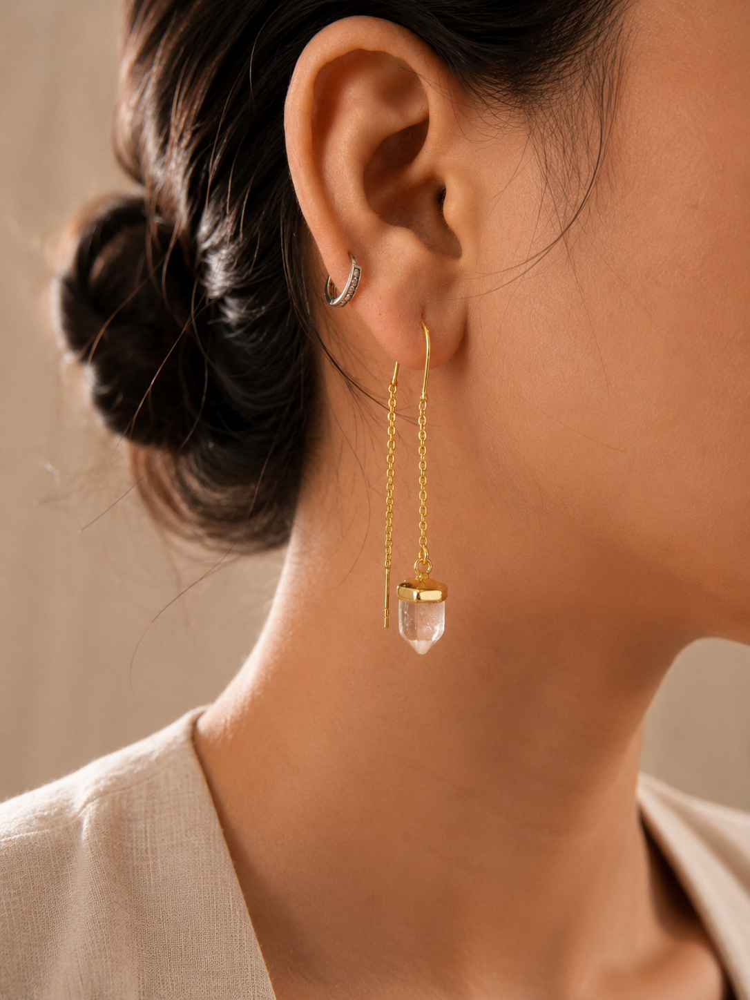 Celestial Clear Quartz Sui Dhaga Earrings | 18K Gold Plated Threader Earrings for Women
