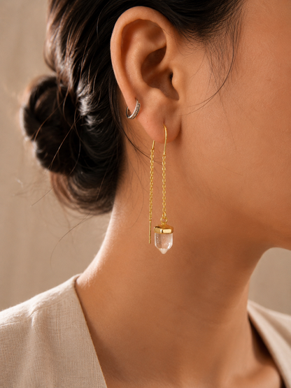 Celestial Clear Quartz Sui Dhaga Earrings | 18K Gold Plated Threader Earrings for Women - House of AAKAASHI