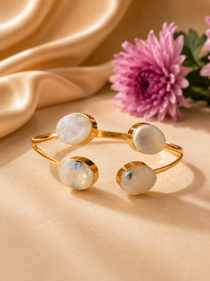 Roshan — Moonstone Four Stone Open Cuff Bracelet | 18K Gold Plated | House of AAKAASHI House of AAKAASHI