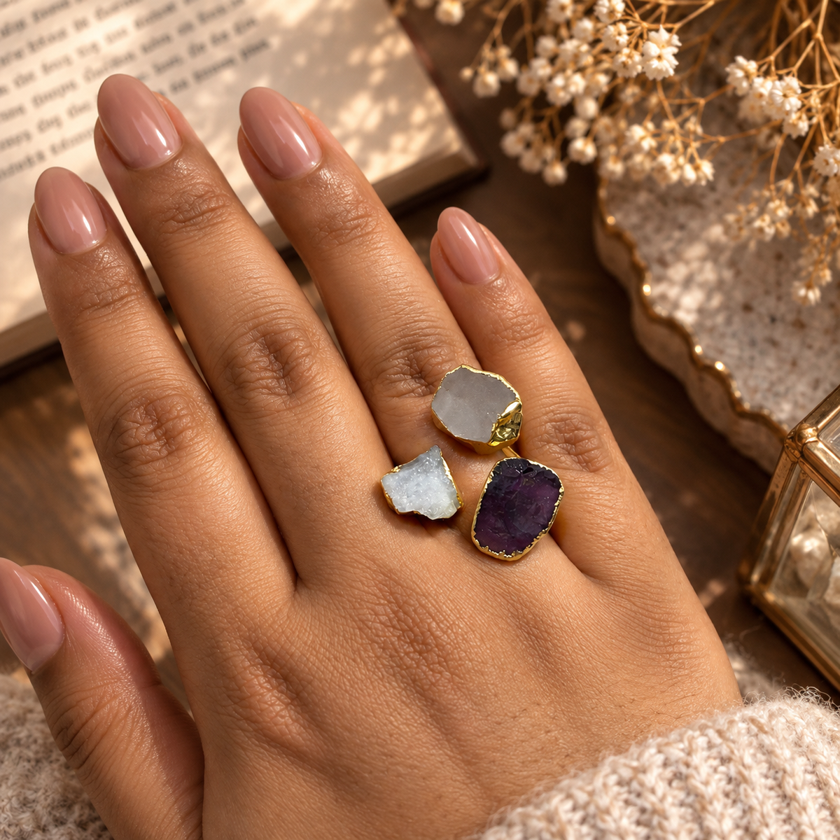 Ishani Raw Crystal Trio Statement Ring House of AAKAASHI