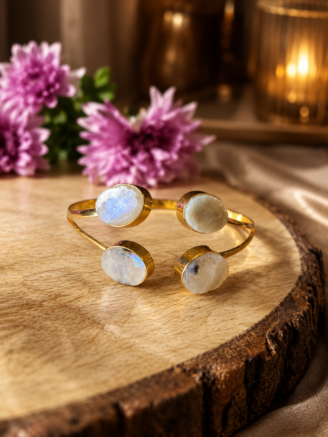 Roshan — Moonstone Four Stone Open Cuff Bracelet | 18K Gold Plated | House of AAKAASHI House of AAKAASHI
