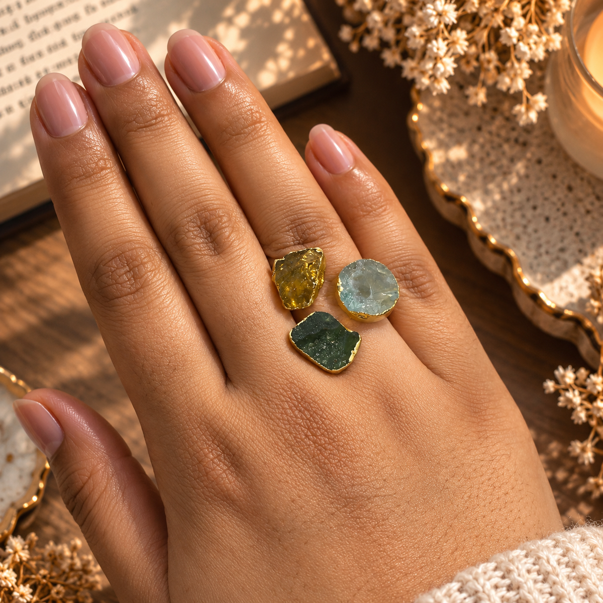 Triveni Raw Crystal Trio Statement Ring House of AAKAASHI