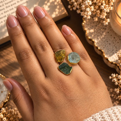 Triveni Raw Crystal Trio Statement Ring House of AAKAASHI
