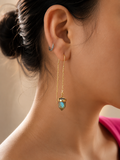 Aurora Labradorite Sui Dhaga Earrings | 18K Gold Plated Threader Earrings for Women - House of AAKAASHI