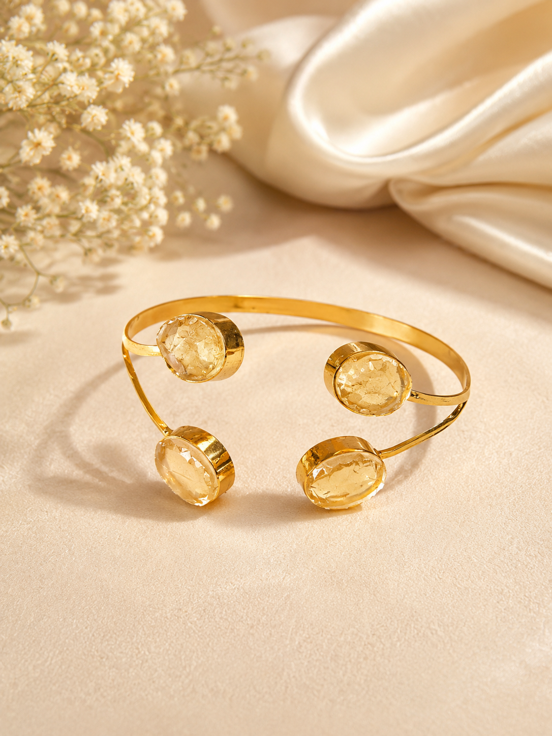 Barkat — Citrine Four Stone Open Cuff Bracelet | 18K Gold Plated | House of AAKAASHI House of AAKAASHI