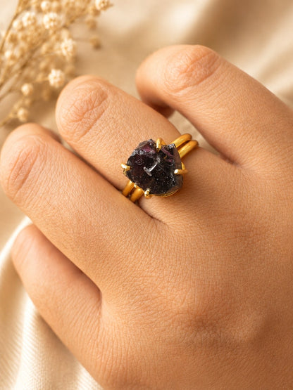 Midnight Black Tourmaline Freeform Ring | Adjustable 18K Gold Plated Crystal Ring for Women - House of AAKAASHI