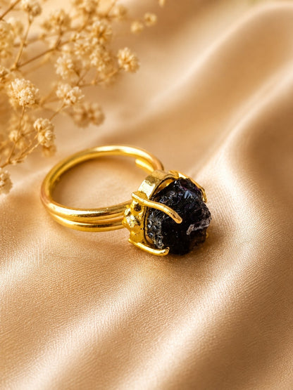 Midnight Black Tourmaline Freeform Ring | Adjustable 18K Gold Plated Crystal Ring for Women - House of AAKAASHI