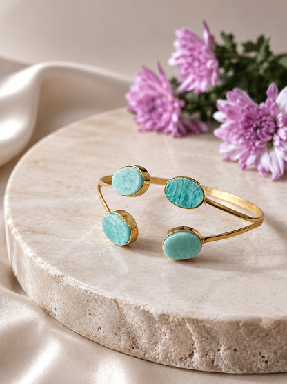 Sukoon Amazonite Four Stone Cuff Bracelet | 18K Gold Plated | House of AAKAASHI House of AAKAASHI