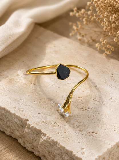 Midnight Bloom Pearl & Black Tourmaline Open Cuff Bracelet | 18K Gold Plated Adjustable Bracelet for Women - House of AAKAASHI