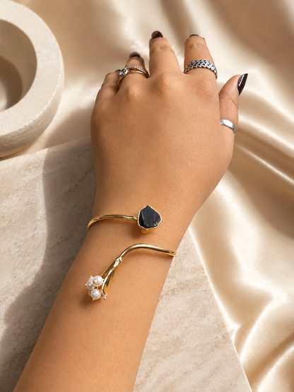 Midnight Bloom Pearl & Black Tourmaline Open Cuff Bracelet | 18K Gold Plated Adjustable Bracelet for Women - House of AAKAASHI