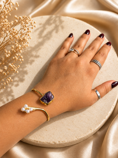 Celestial Bloom Pearl & Amethyst Open Cuff Bracelet | 18K Gold Plated Adjustable Bracelet for Women - House of AAKAASHI