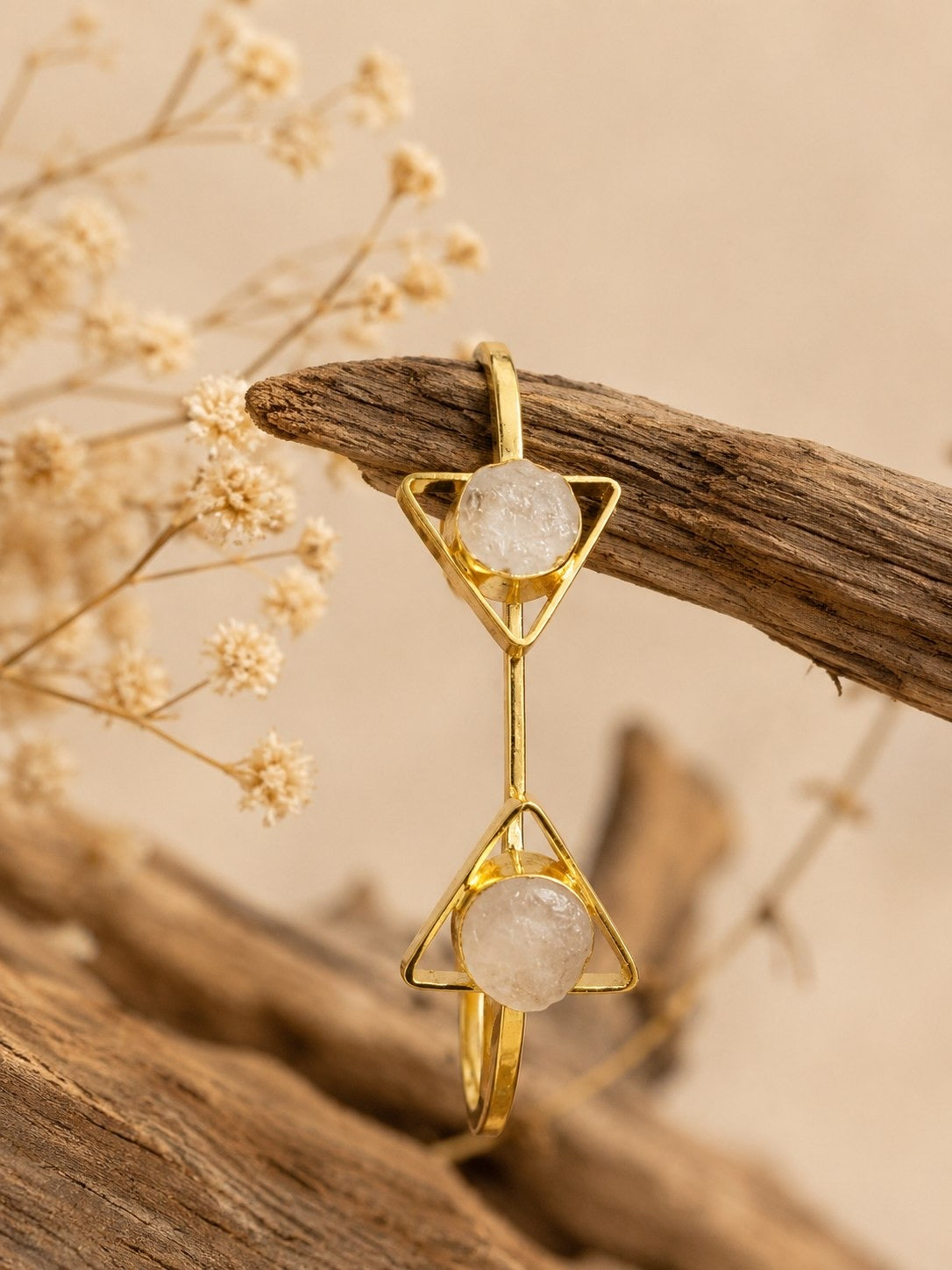 Celestial Milky Quartz Geometric Cuff Bracelet | Adjustable 18K Gold Plated Bracelet for Women