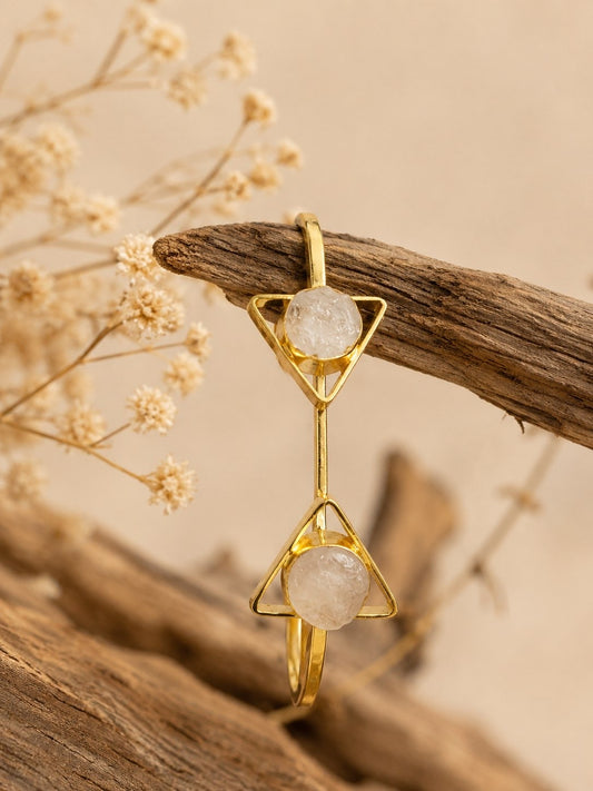 Celestial Milky Quartz Geometric Cuff Bracelet | Adjustable 18K Gold Plated Bracelet for Women