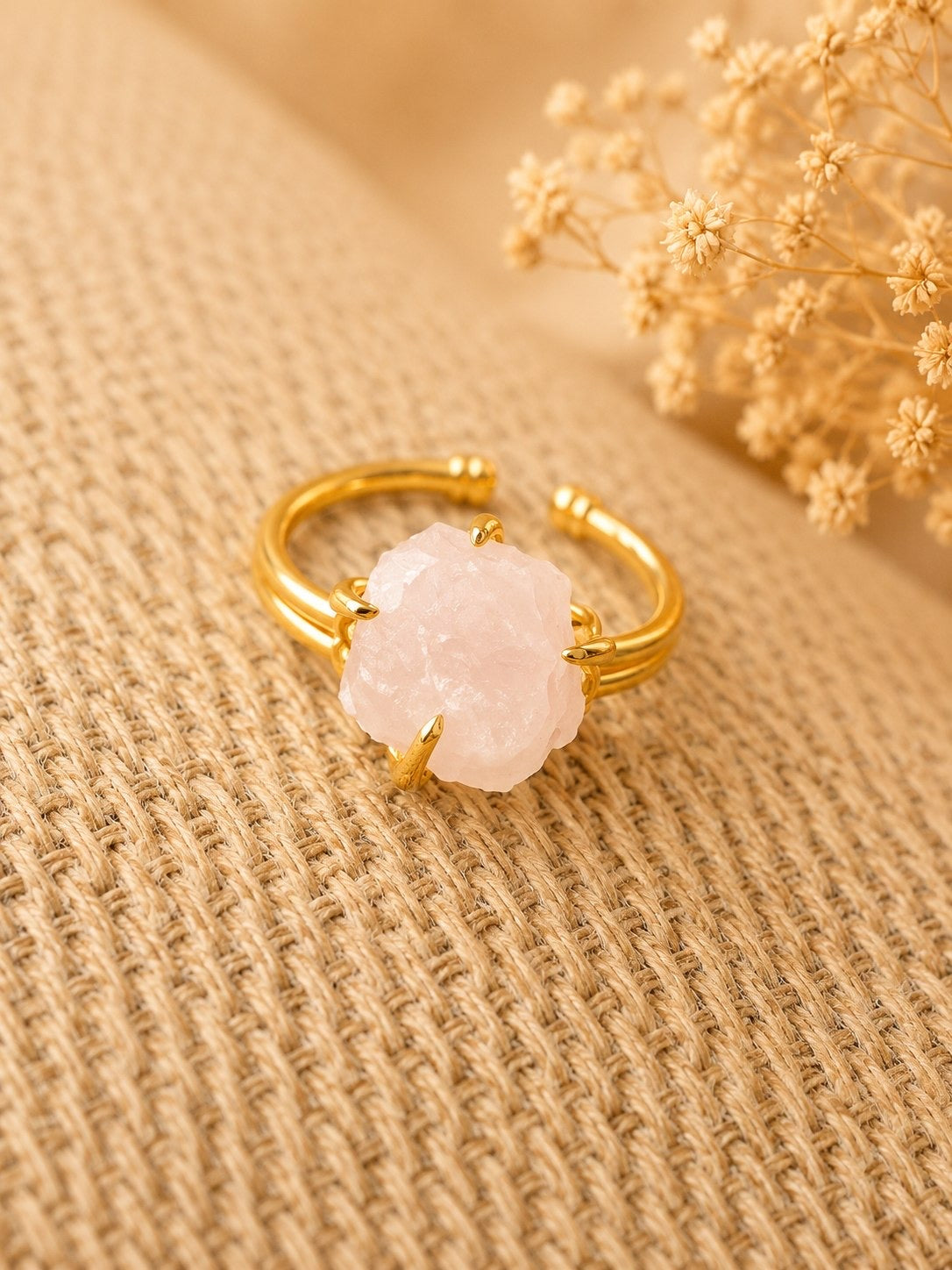 Blush Rose Quartz Freeform Ring | Adjustable 18K Gold Plated Crystal Ring for Women