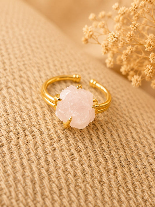 Blush Rose Quartz Freeform Ring | Adjustable 18K Gold Plated Crystal Ring for Women
