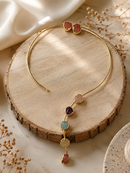 Aurora Cascade Hasli Necklace & Carnelian Stud Set | Multi Crystal 18K Gold Plated Necklace for Women - House of AAKAASHI