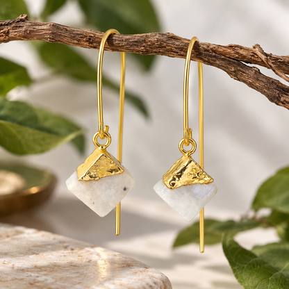 Ishira Rainbow Moonstone thread earrings with polished geometric gemstones and triangular 18K gold-plated brass detailing by House of AAKAASHI