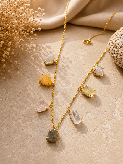 Aurora Prism Multi Crystal Necklace | Rose Quartz, Citrine, Rainbow Moonstone, Yellow Jasper, Labradorite & Clear Quartz Necklace for Women - House of AAKAASHI