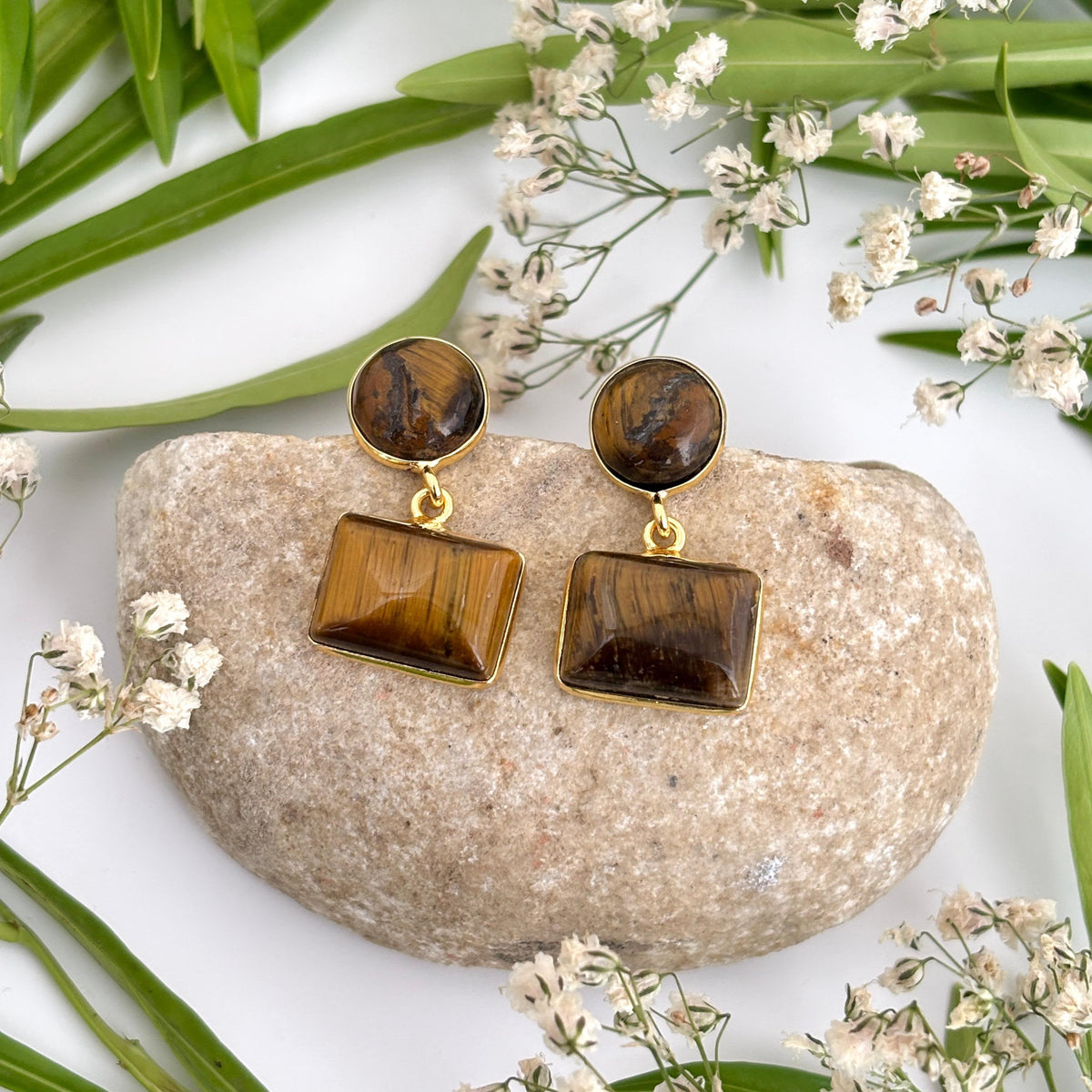 Saanjh Tiger Eye geometric earrings featuring round and rectangular natural Tiger Eye gemstones in 18K gold plated brass by House of AAKAASHI