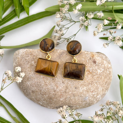 Saanjh Tiger Eye geometric earrings featuring round and rectangular natural Tiger Eye gemstones in 18K gold plated brass by House of AAKAASHI