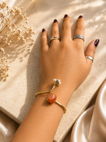 Solar Bloom Pearl & Carnelian Open Cuff Bracelet | 18K Gold Plated Adjustable Bracelet for Women - House of AAKAASHI