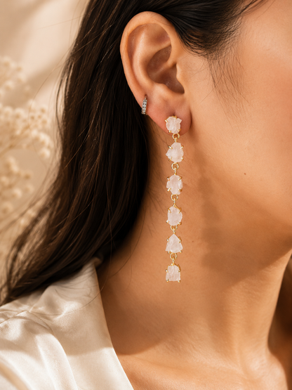 Blush Cascade Raw Rose Quartz Earrings | 18K Gold Plated Statement Earrings for Women - House of AAKAASHI
