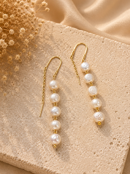 Luna Pearl Sui Dhaga Earrings | 18K Gold Plated Freshwater Pearl Threader Earrings for Women - House of AAKAASHI