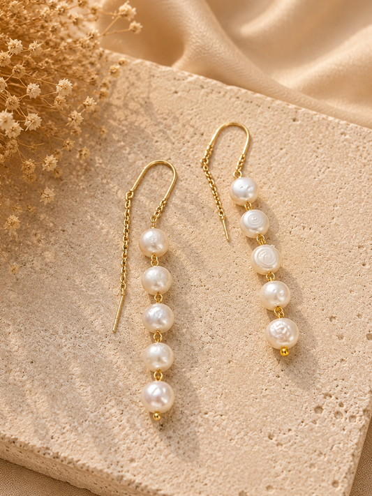 Luna Pearl Sui Dhaga Earrings | 18K Gold Plated Freshwater Pearl Threader Earrings for Women