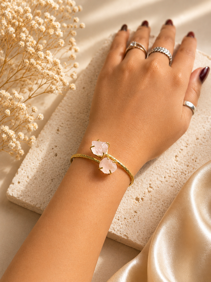 Blush Rose Quartz Raw Stone Cuff Bracelet | 18K Gold Plated Adjustable Bracelet for Women House of AAKAASHI