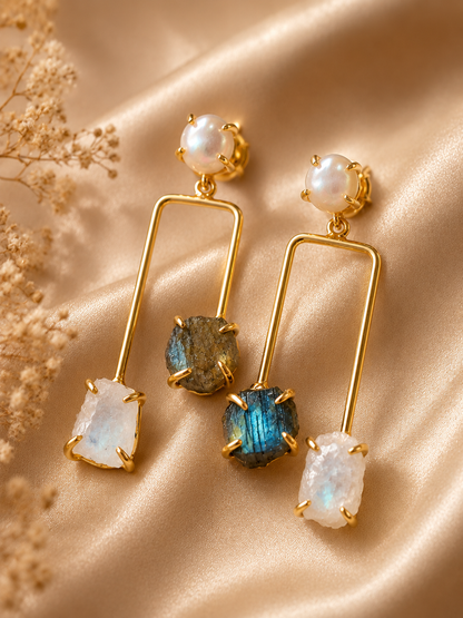 Moonlit Aurora Pearl, Labradorite & Moonstone Earrings | 18K Gold Plated Statement Earrings for Women - House of AAKAASHI