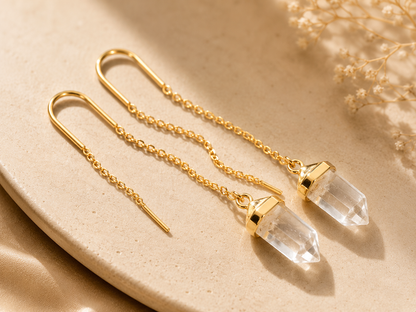 Celestial Clear Quartz Sui Dhaga Earrings | 18K Gold Plated Threader Earrings for Women - House of AAKAASHI