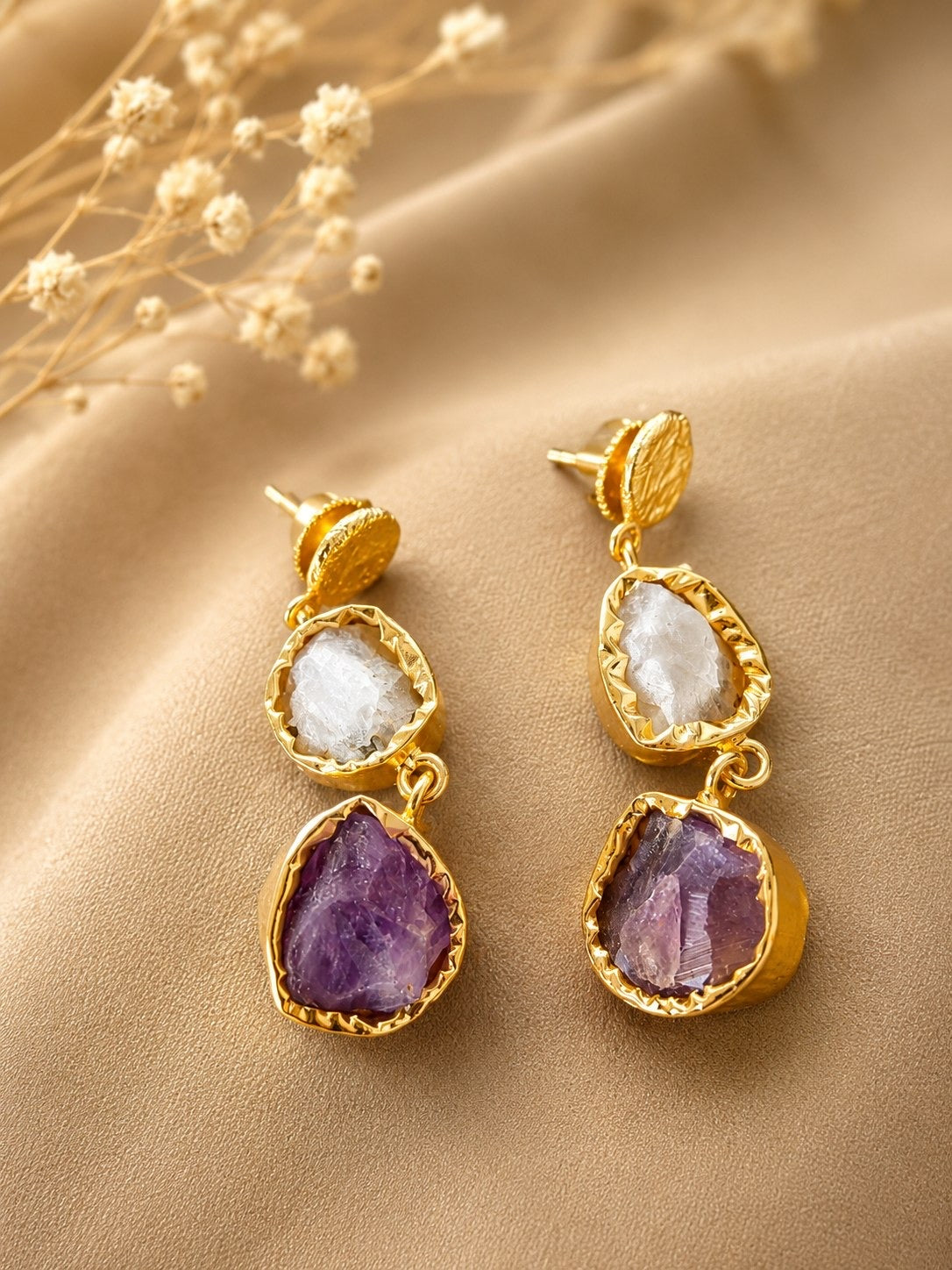 Celestial Harmony Amethyst & Moonstone Earrings | 18K Gold Plated Crystal Earrings for Women