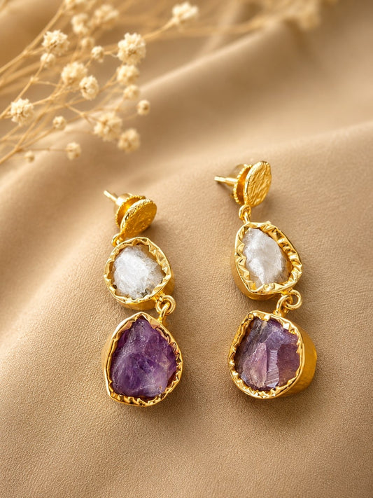 Celestial Harmony Amethyst & Moonstone Earrings | 18K Gold Plated Crystal Earrings for Women