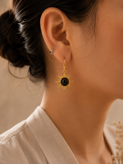 Solar Eclipse Black Tourmaline Earrings | 18K Gold Plated Statement Earrings for Women - House of AAKAASHI